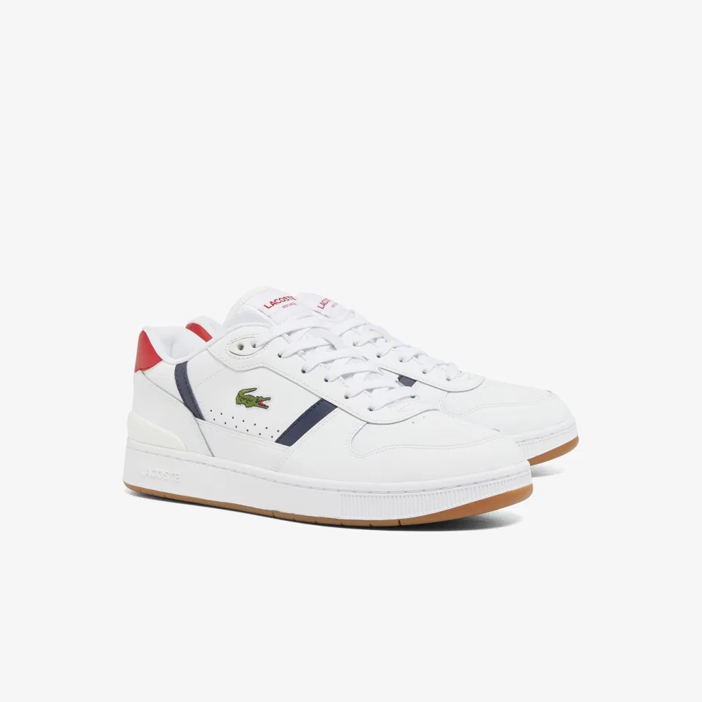 Мужские низкие кожаные кроссовки T-Clip Set бело-тёмно-сине-красные от Lacoste — фото 2