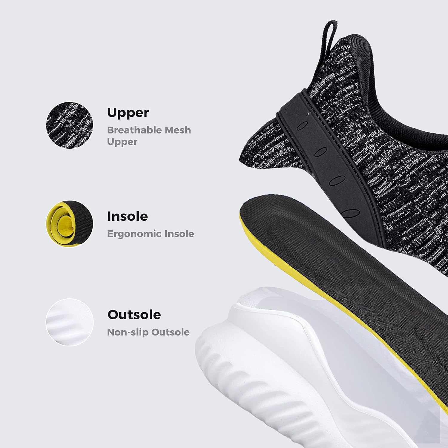Кроссовки Flysocks для мужчин с легкой посадкой, нескользящие кроссовки, легкие дышащие сетчатые кроссовки для повседневной носки, тенниса, бега и ходьбы, черный — фото 3