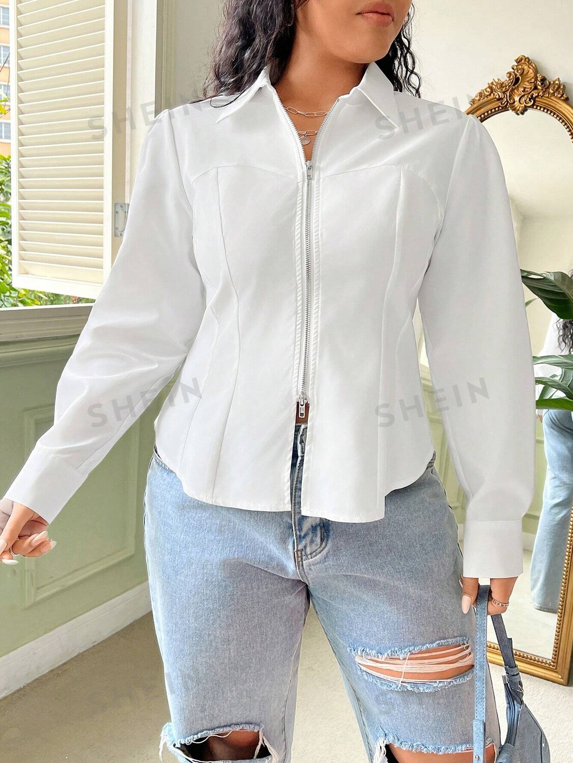 

EZwear Рубашка принцессы больших размеров, талия из пряжи, двойная молния Shein, белый