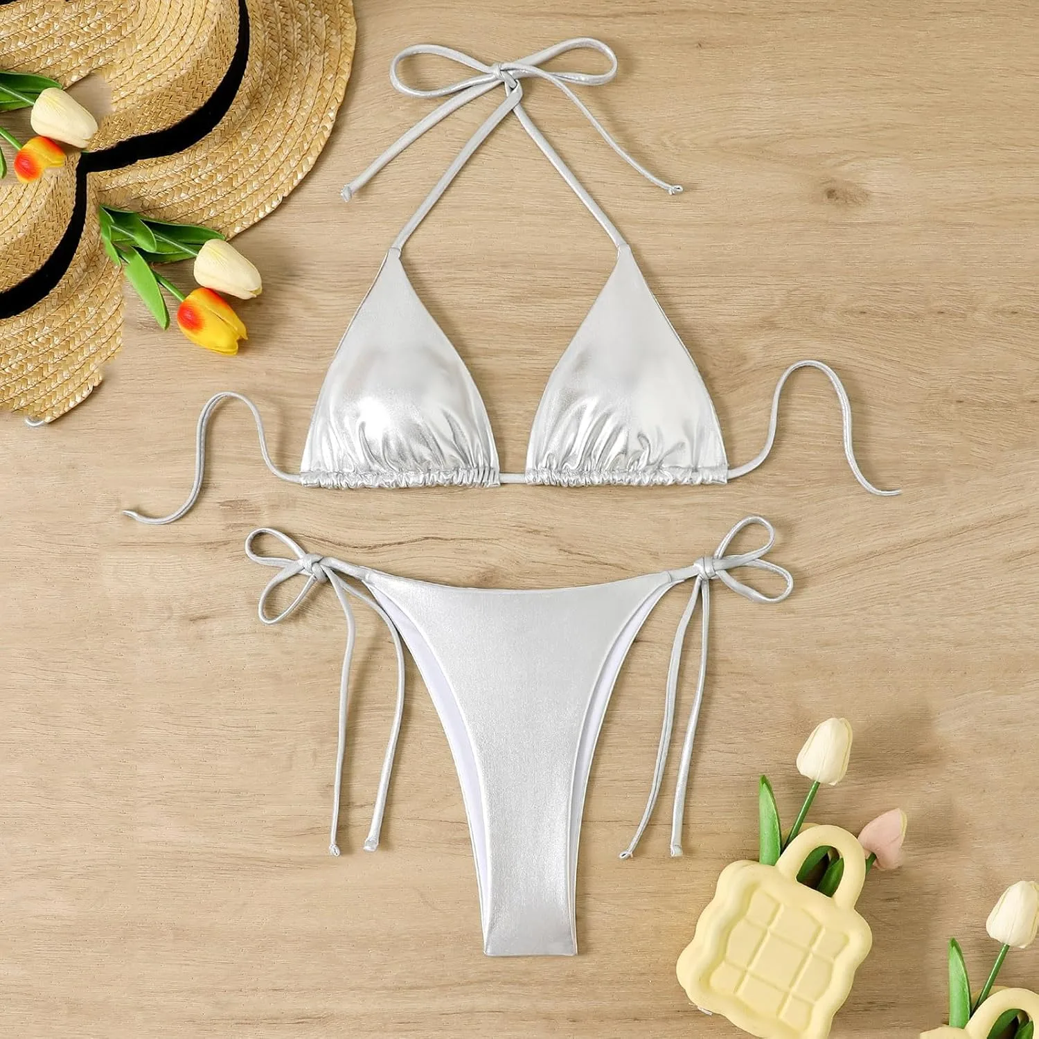 Купальник Bikini Sets для женщин, слитный и раздельный, с треугольным верхом и завязками сбоку Generic, серебряный — фото 3