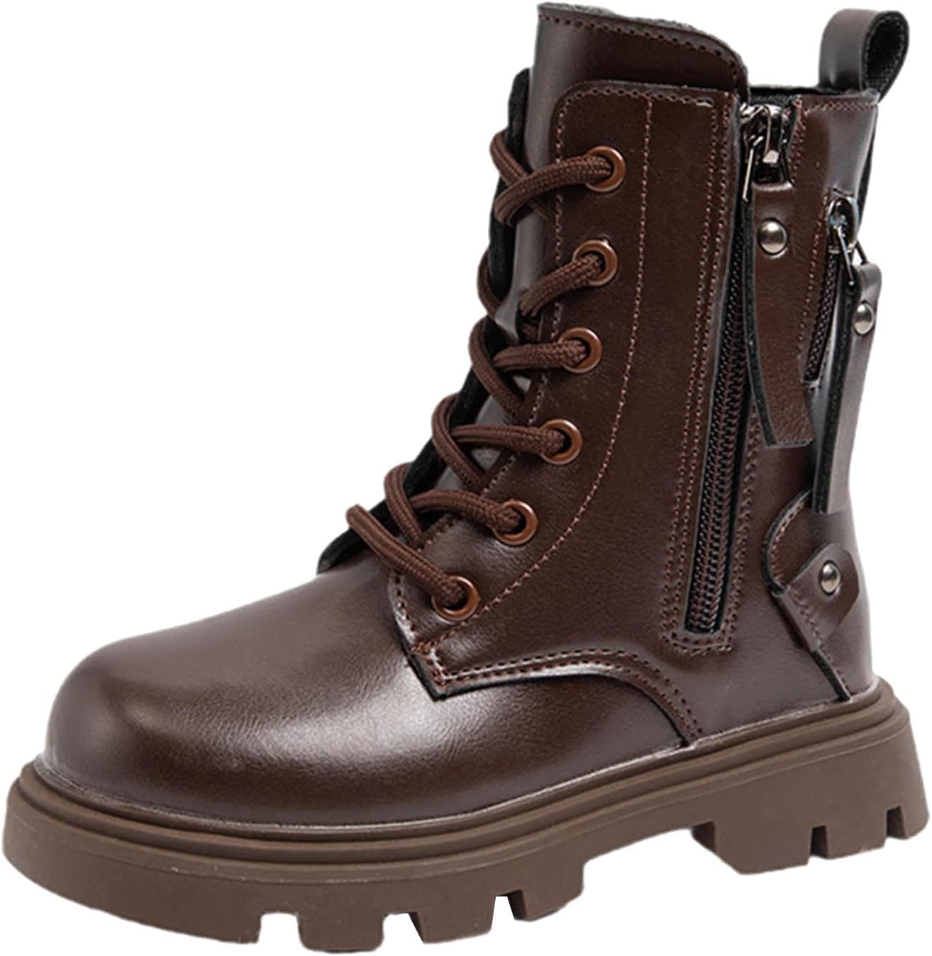 

Ботильоны для мальчиков и девочек с боковой молнией, шнуровкой и военным стилем, модные короткие ботинки, осенне-зимняя обувь для малышей, детей младшего и старшего возраста Generic, A-Brown