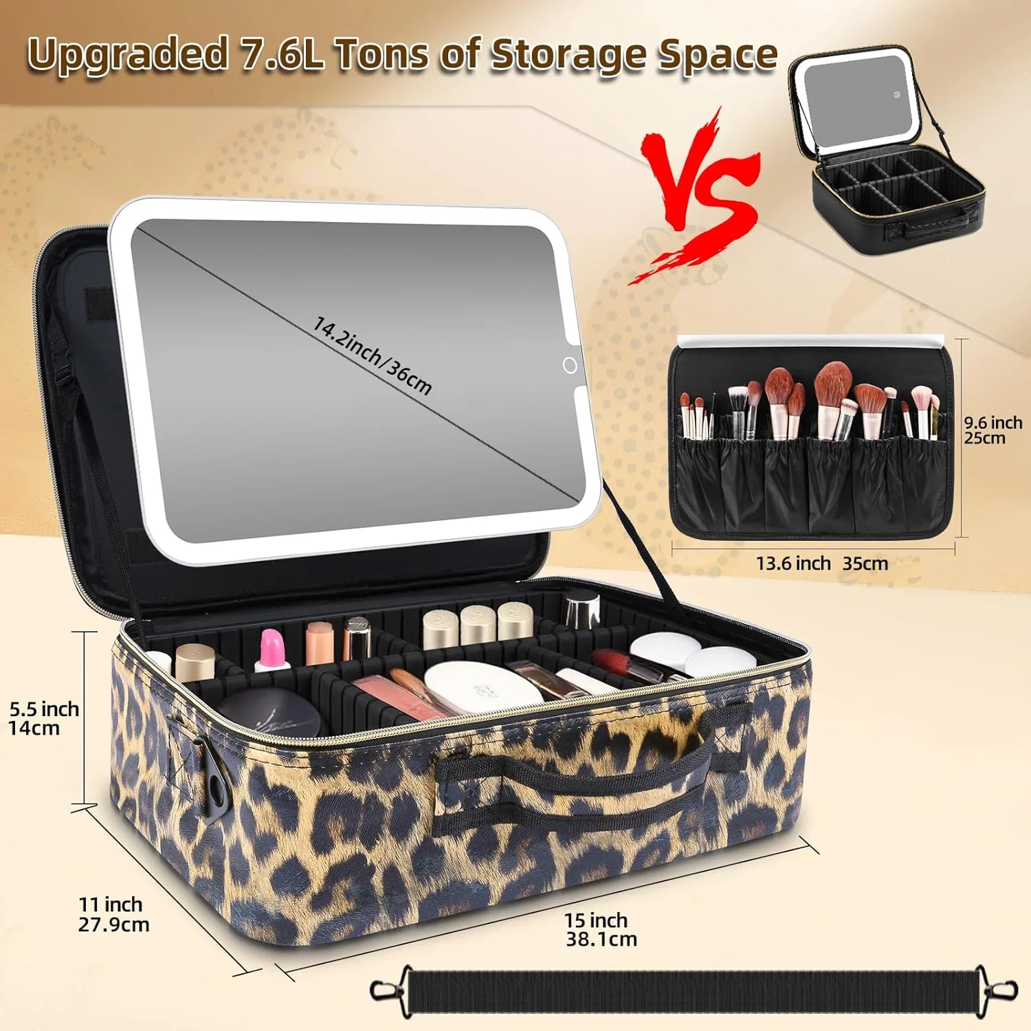 Большая дорожная косметичка с зеркалом и подсветкой Suupvaor, Leopard Removable Mirror — фото 3