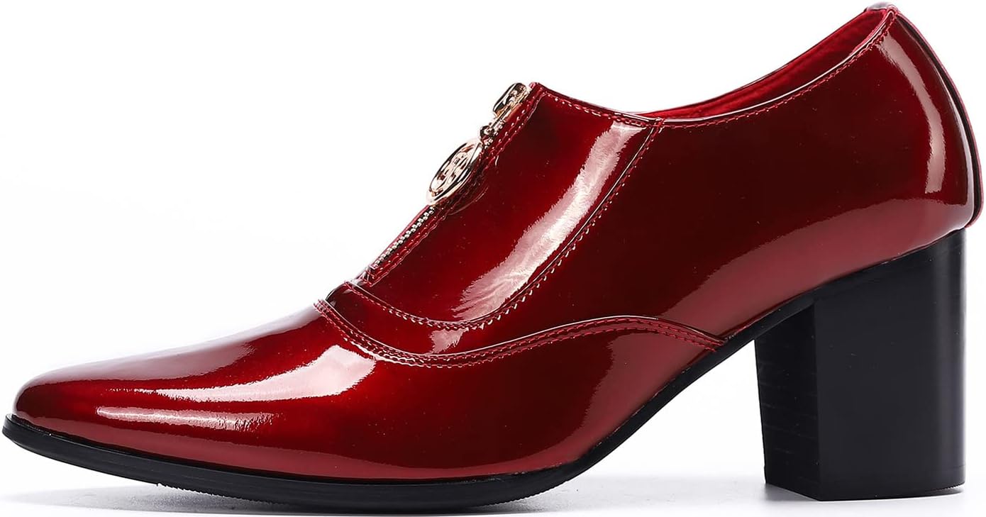 Мужские туфли Santimon Mens из красной лакированной кожи на массивном каблуке - с заостренным носком, без шнуровки, с золотой молнией, блестящая обувь для вечеринок и свадеб — фото 2