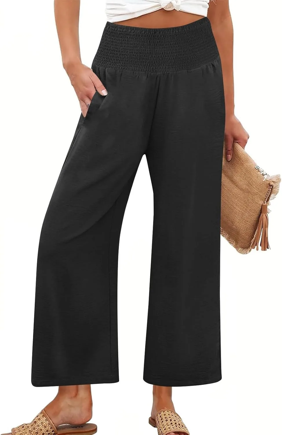 Льняные брюки женские летние, эластичные, с высокой талией, широкими штанинами, милые, струящиеся, удобные, укороченные до щиколотки, с карманами Generic, черный — фото 2