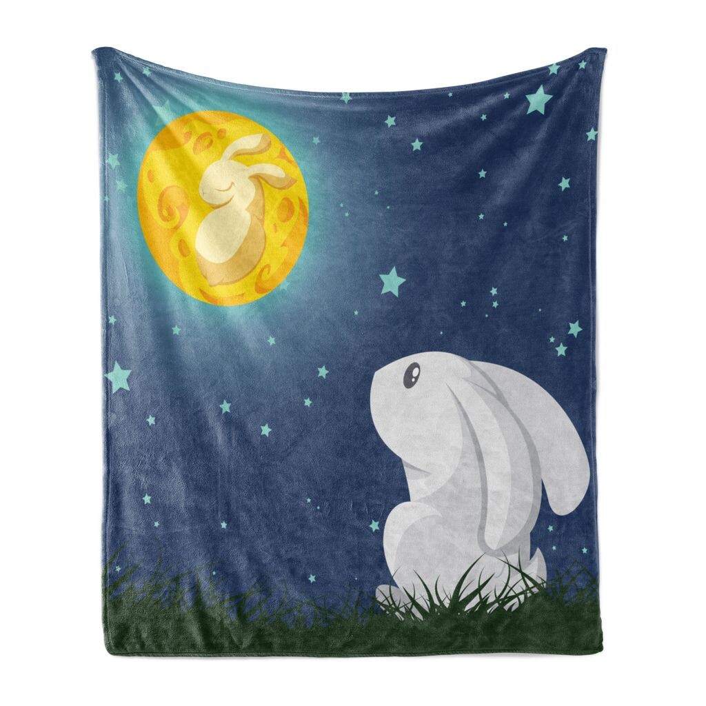 

ABAKUHAUS Rabbit Мягкое фланелевое флисовое одеяло, мультяшная иллюстрация кролика, смотрящего на луну и думающего ночью, 175 x 230 см, разноцветный