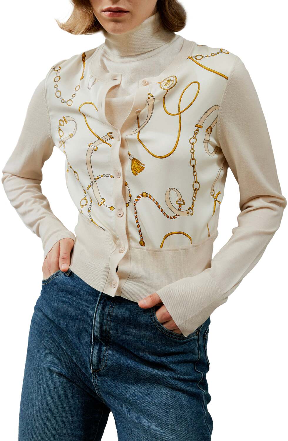 

Кардиган из мериносовой шерсти с шелковой отделкой в ​​стиле «Луисвилл» спереди LILYSILK, белый