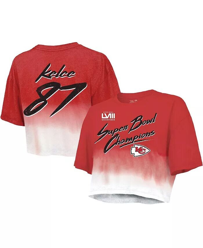 

Женские нитки Travis Kelce, красный, белый, состаренный, Kansas City Chiefs Super Bowl LVIII, укороченный топ с именем и номером игрока, окрашенный методом погружения в краску Majestic, красный
