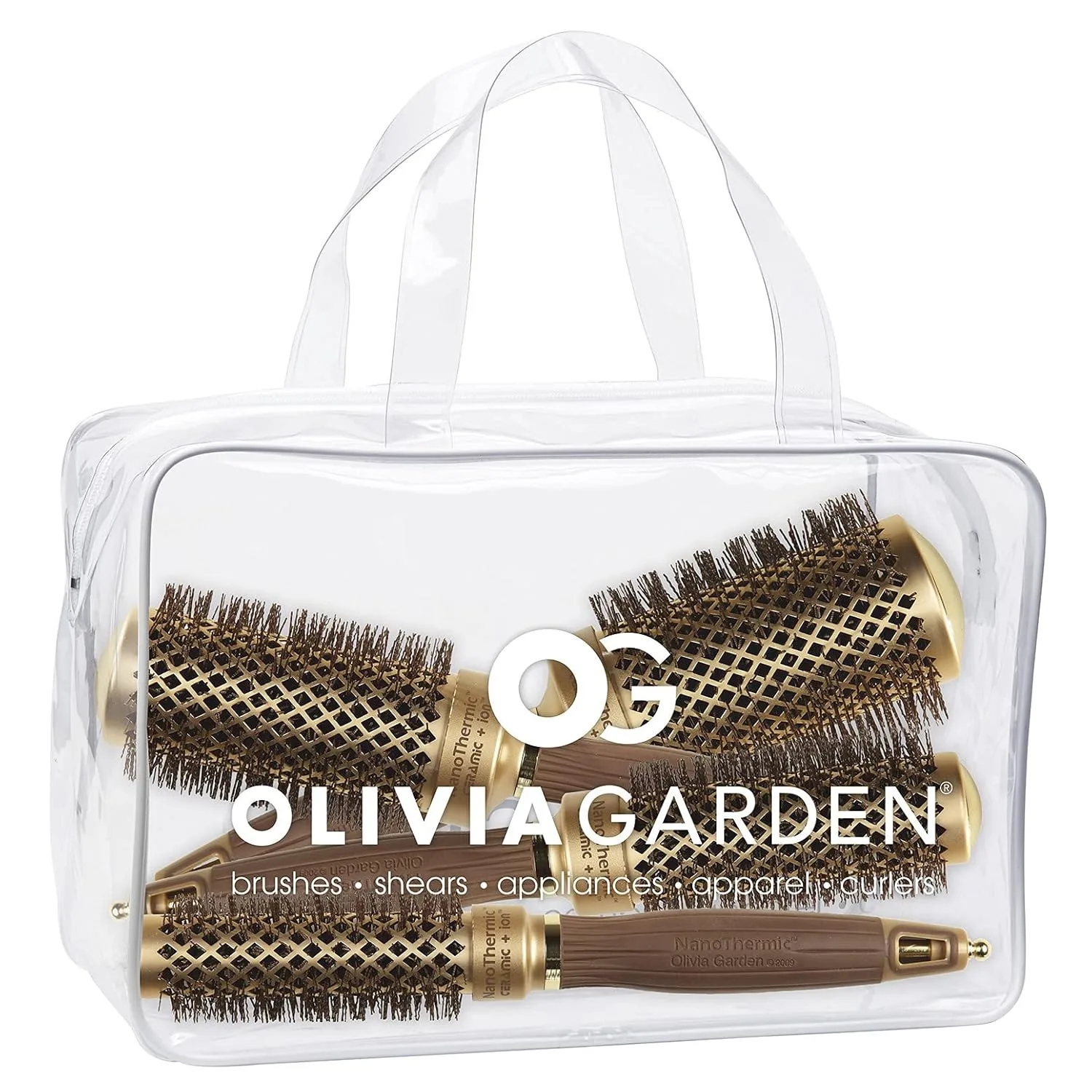 Термощетка для укладки волос Olivia Garden NanoThermic Ceramic + Ion Round Thermal Hair Brush - не электрическая - профессиональная щетка для нормальных и густых волос. Сумка из 4 штук, Gold / Chocolate