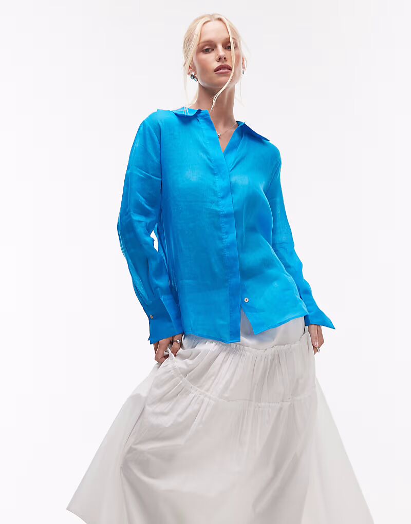 

Рубашка из полупрозрачной ткани Mango ramie с длинными рукавами ярко-синего цвета