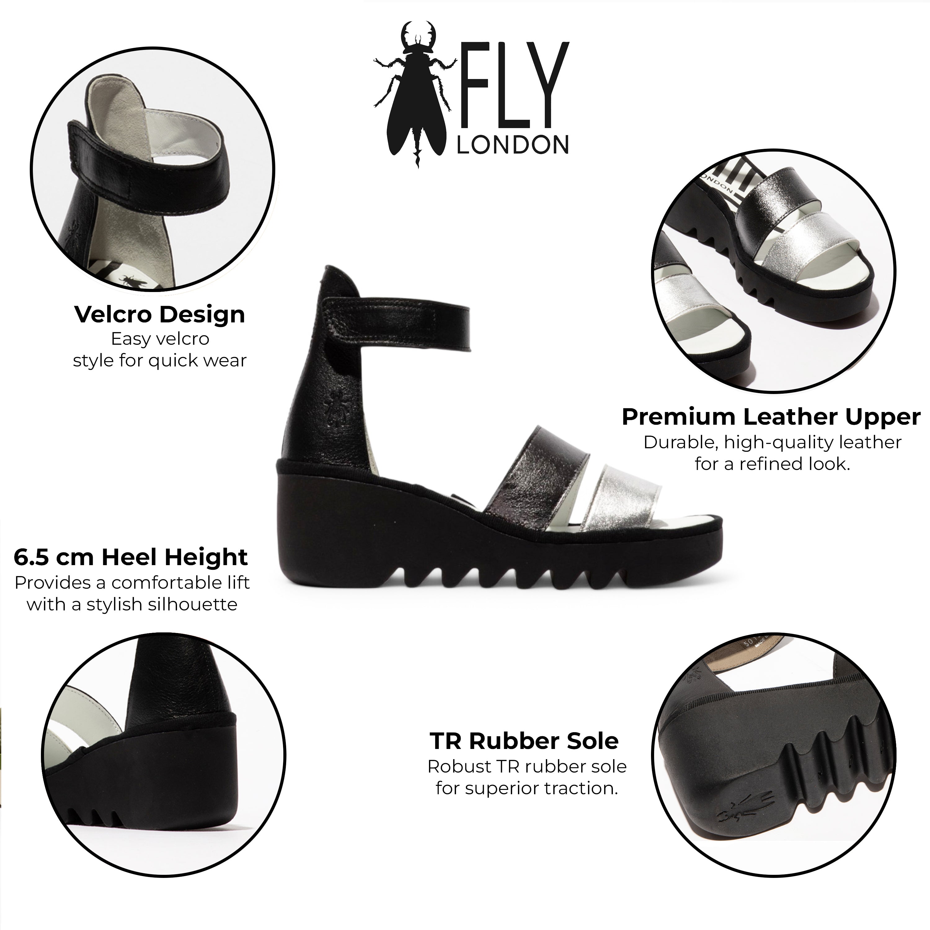 Женские сандалии-эспадрильи Fly London BONO290FLY на клиньях, серебристо-черные, кожа Idra — фото 2