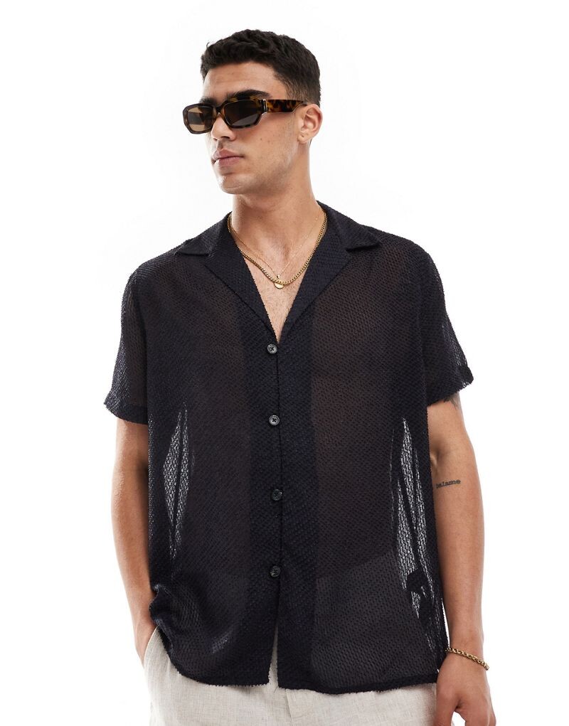 

Темно-синяя прозрачная рубашка свободного кроя с короткими рукавами и глубоким воротником ASOS DESIGN