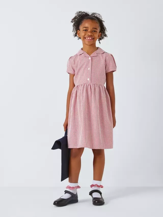 Летнее школьное платье в клетку для детей, комплект из 2 штук John Lewis, Mid Red — фото 3