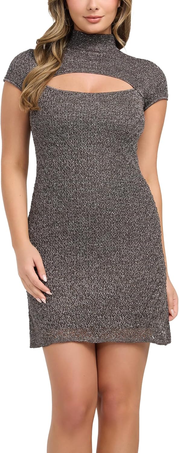 

GUESS Женское платье с короткими рукавами, воротником-стойкой и ажурной вязкой, Regal Brown Multi