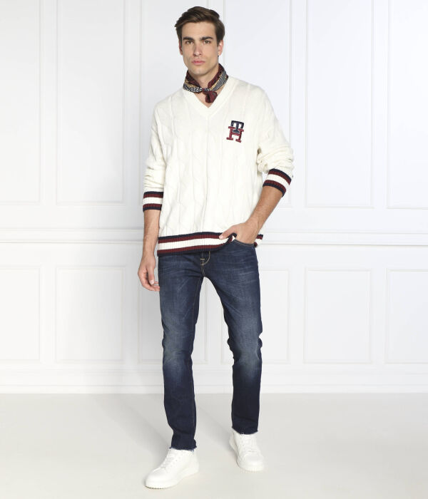 Шерстяной свитер с монограммой и узором «скрикет» Oversize fit Tommy Hilfiger, бежевый — фото 2