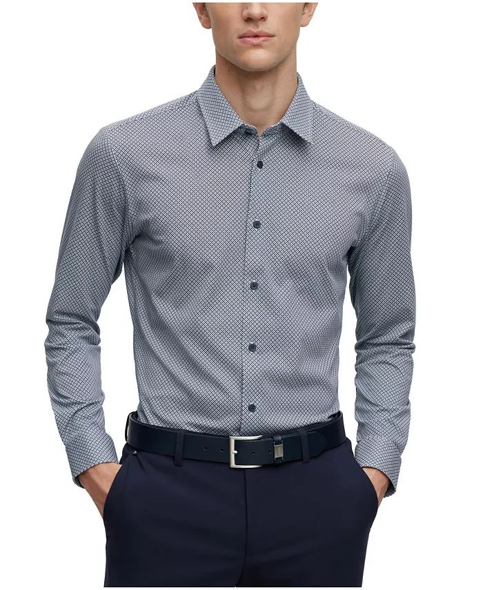 

Мужская печатная облегающая рубашка Performance Slim-Fit Hugo Boss, синий