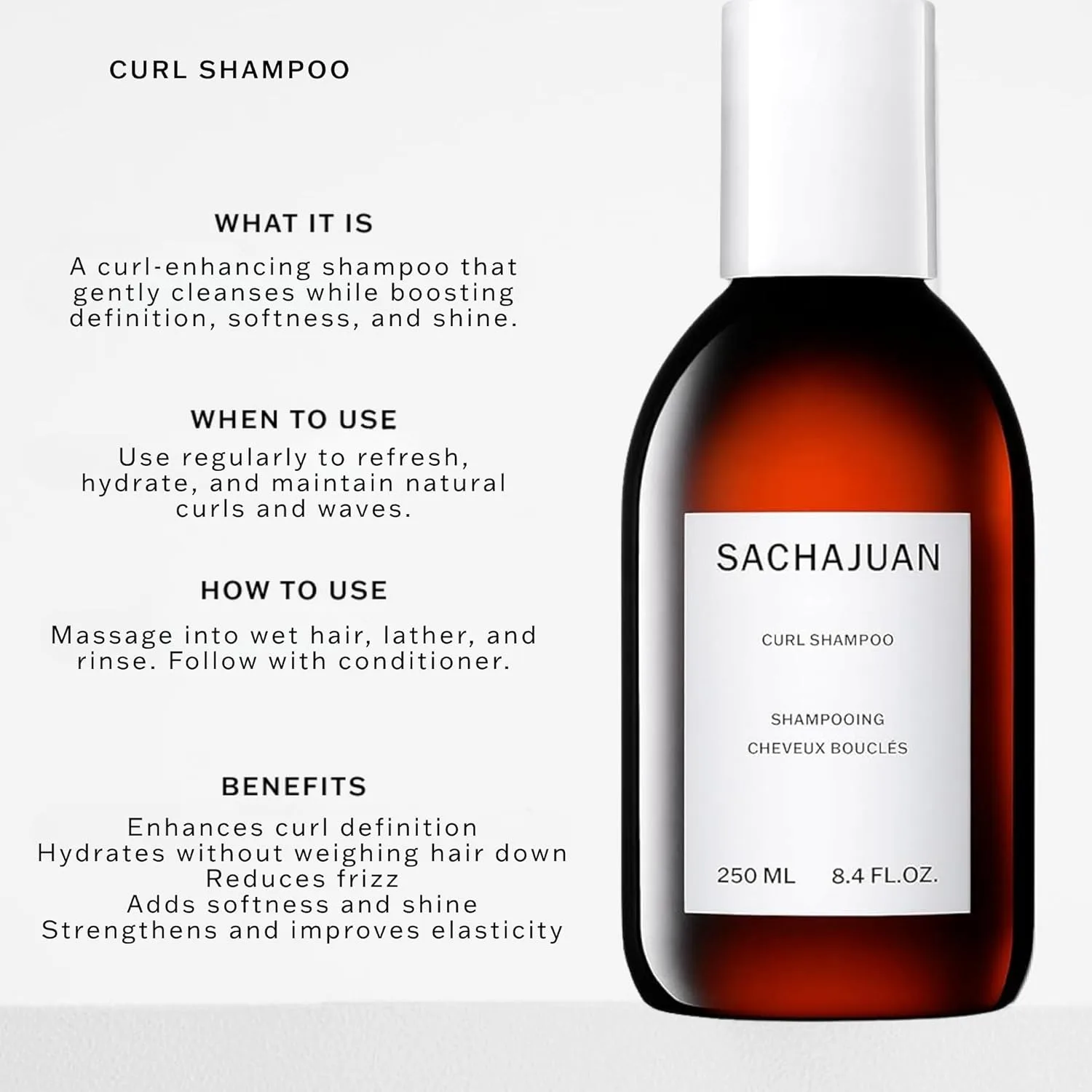 SACHAJUAN Curl Shampoo, шампунь для завитков и волнистых волос, контроль пушистости, блеск и укрепление, Ocean Silk Technology и Wheat Protein, веганский, без парабенов, 250 мл — фото 3