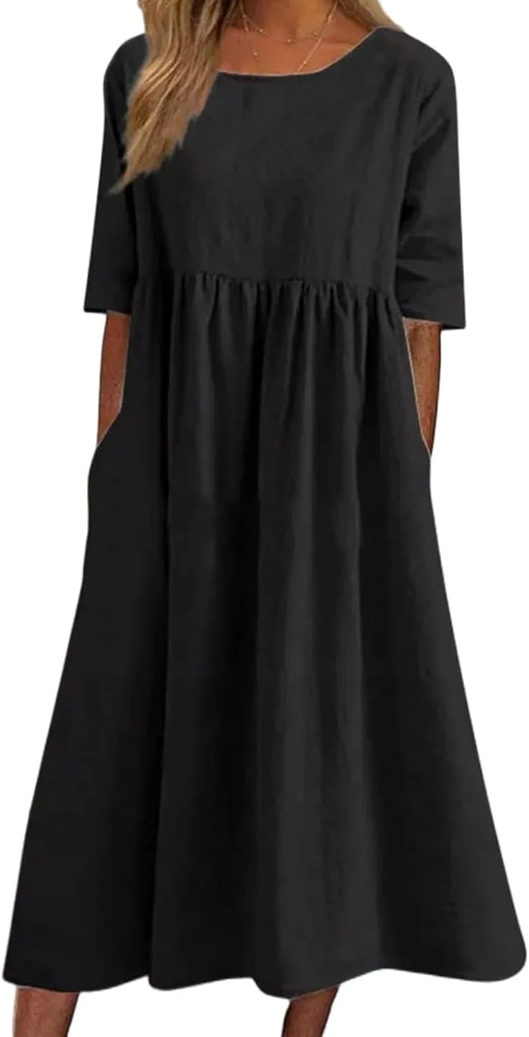 Женское платье макси Oversized Baggy Flowy из хлопка и льна с коротким рукавом, круглым вырезом и плиссировкой для пляжа Generic, черный