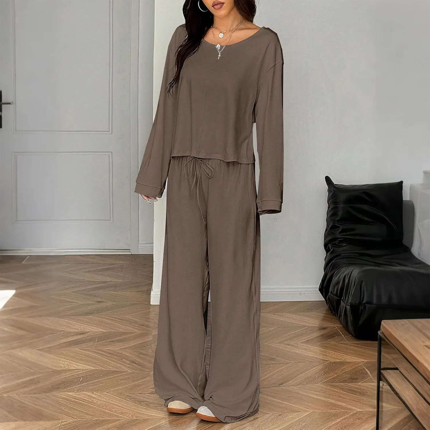 Комплект из свитера и широких брюк, Oversized, Camel — фото 3