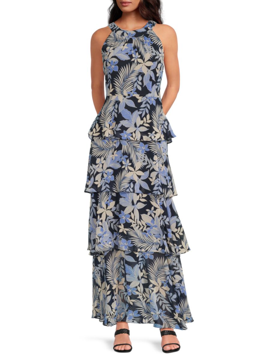 

Платье макси с цветочным принтом и многоуровневым вырезом на шее Tommy Hilfiger, синий мульти