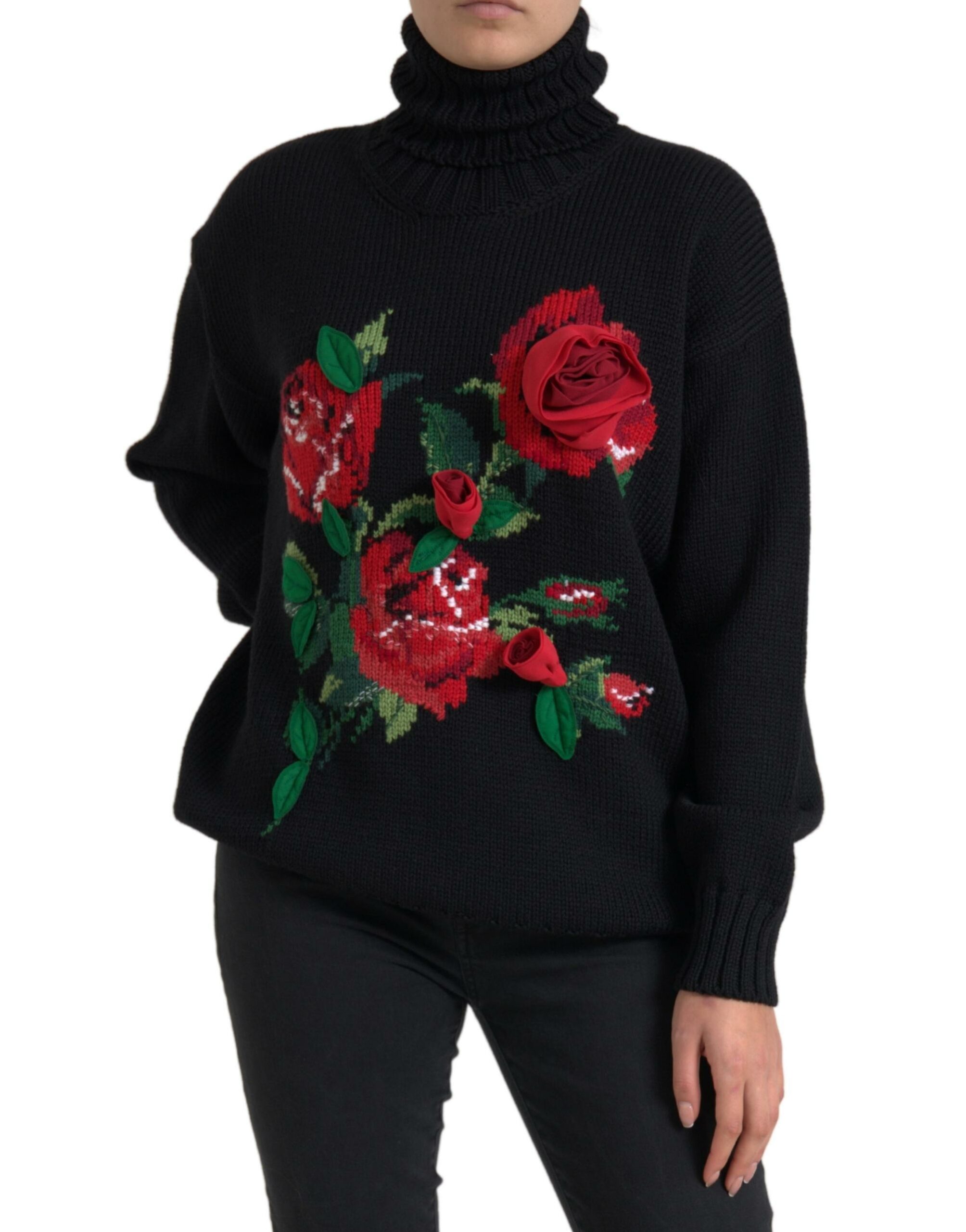 

Элегантный вязаный свитер из шерсти и кашемира с цветочным узором Dolce & Gabbana, черный