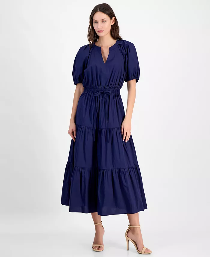 

Женское платье с ярусами, завязкой на талии и пышными рукавами Anne Klein, синий