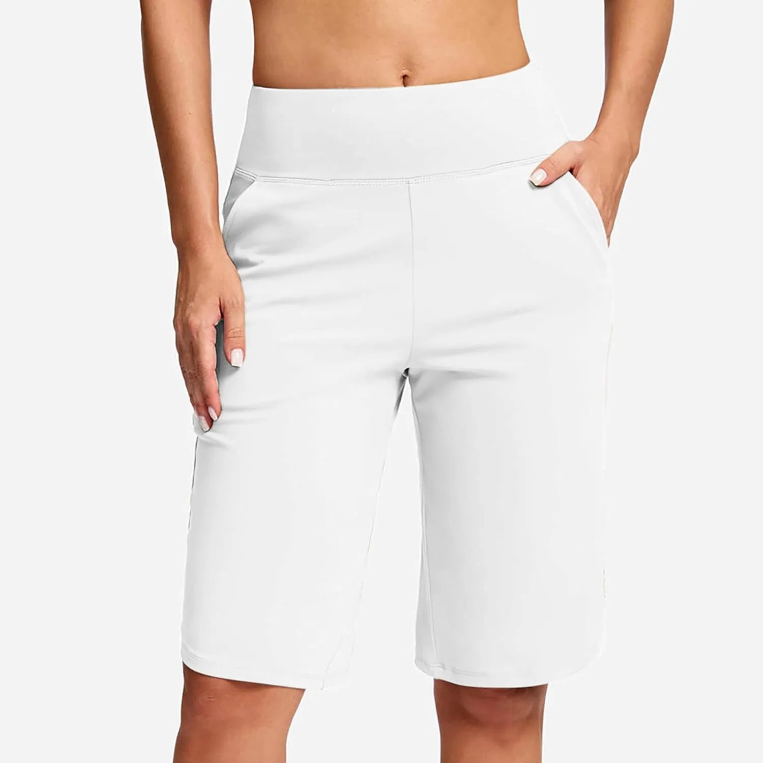 Шорты бермуды для женщин, высокая посадка, с карманами, свободный крой, белый — фото 3