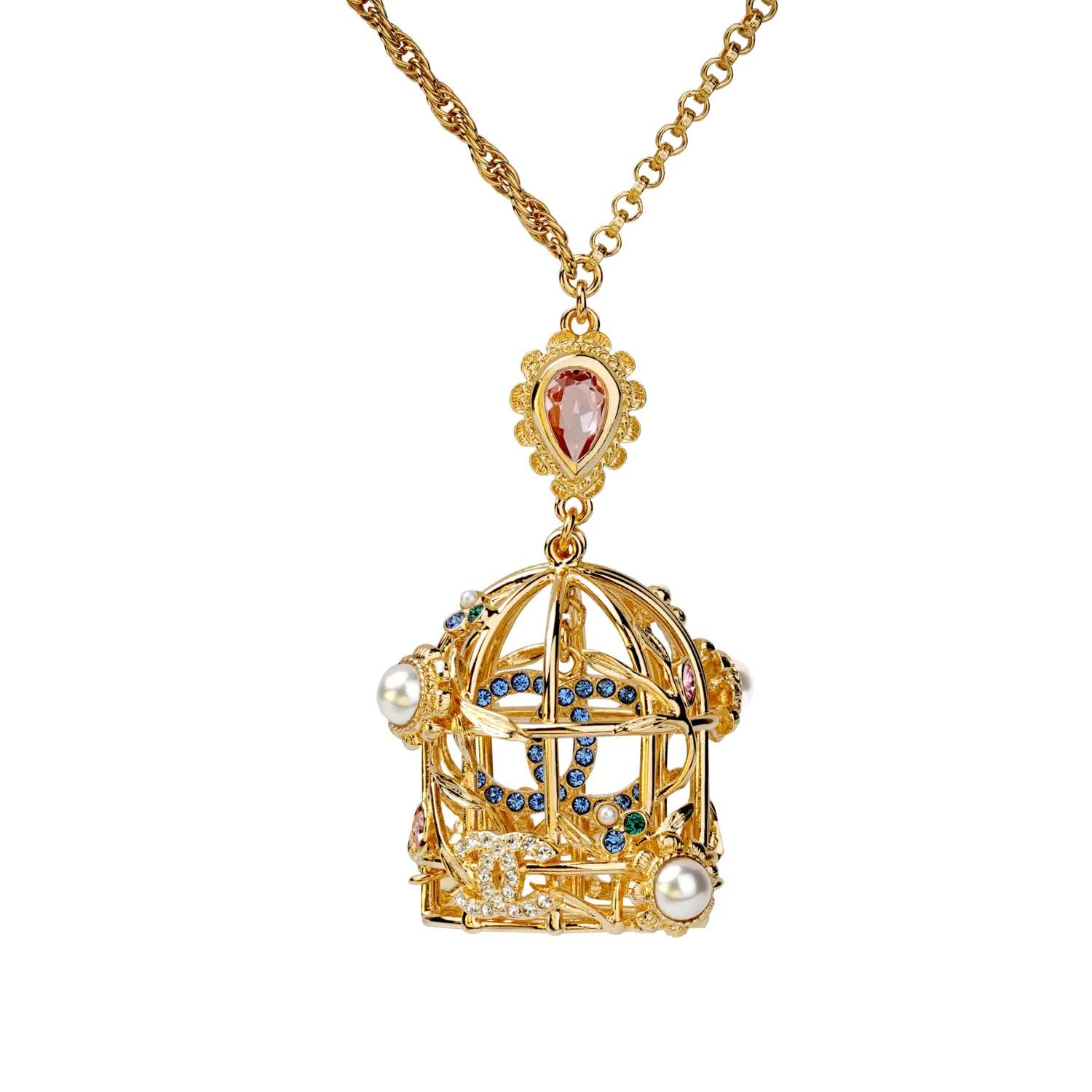 

CHANEL Двойная металлическая цепочка C со стеклянными жемчужными стразами, золото