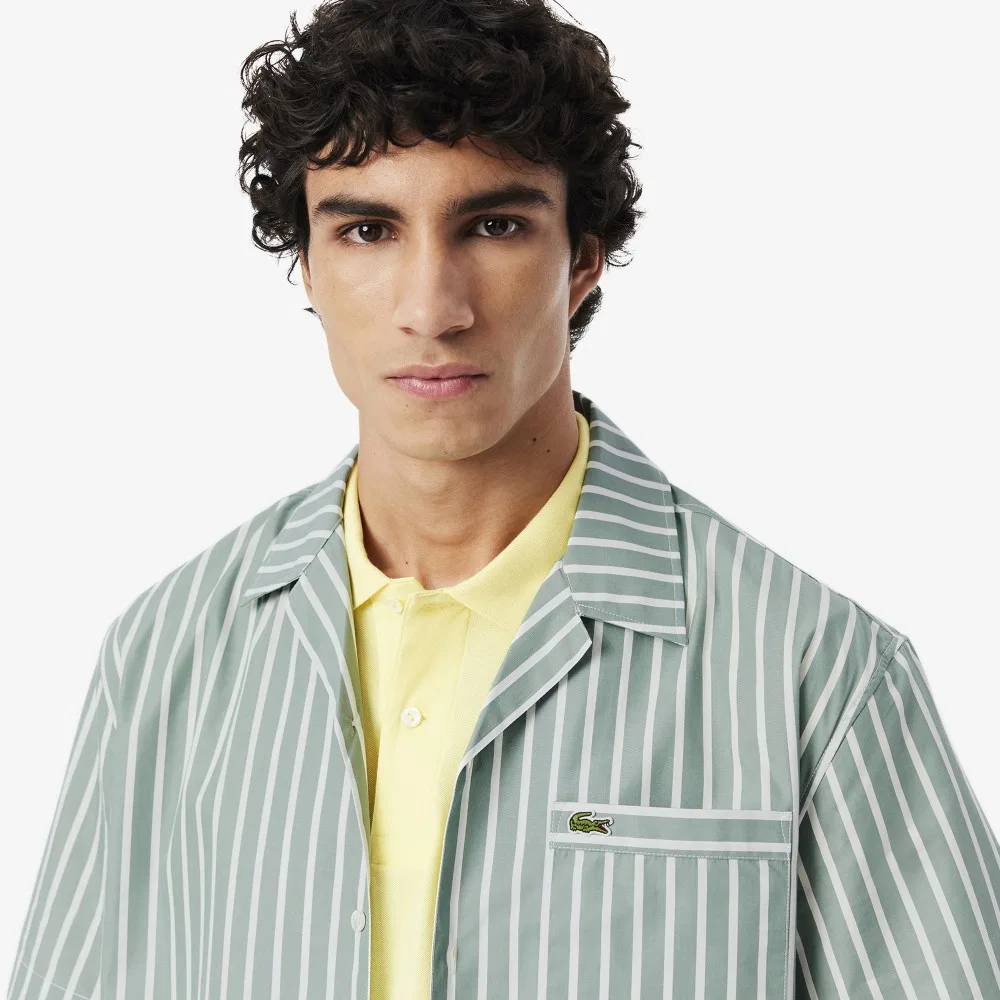 Рубашка мужская Lacoste гавайская в полоску с коротким рукавом, хлопок и лиоцелл, зеленый — фото 2
