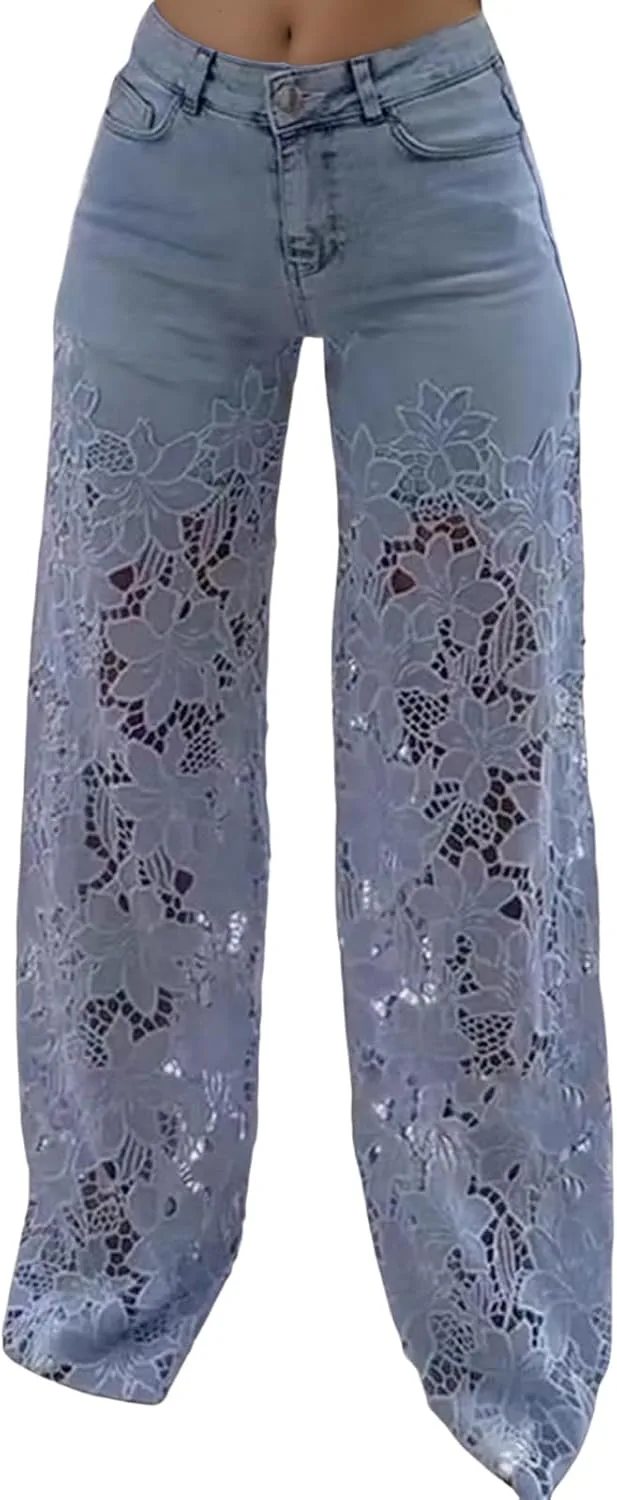 

Женские джинсы с кружевной аппликацией и цветочным принтом, высокие, широкие Nupucy