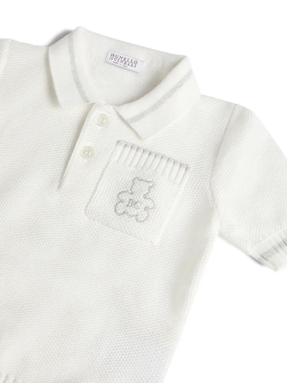 Хлопковая вязаная поло рубашка Baby Bernie с сотовым узором Brunello Cucinelli Kids, белый — фото 3
