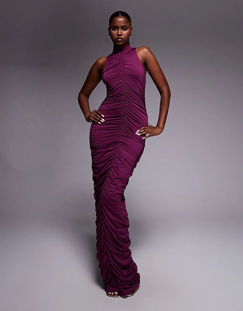 

Платье макси Aria Cove облегающего кроя с высоким воротом и сборками фиолетового цвета