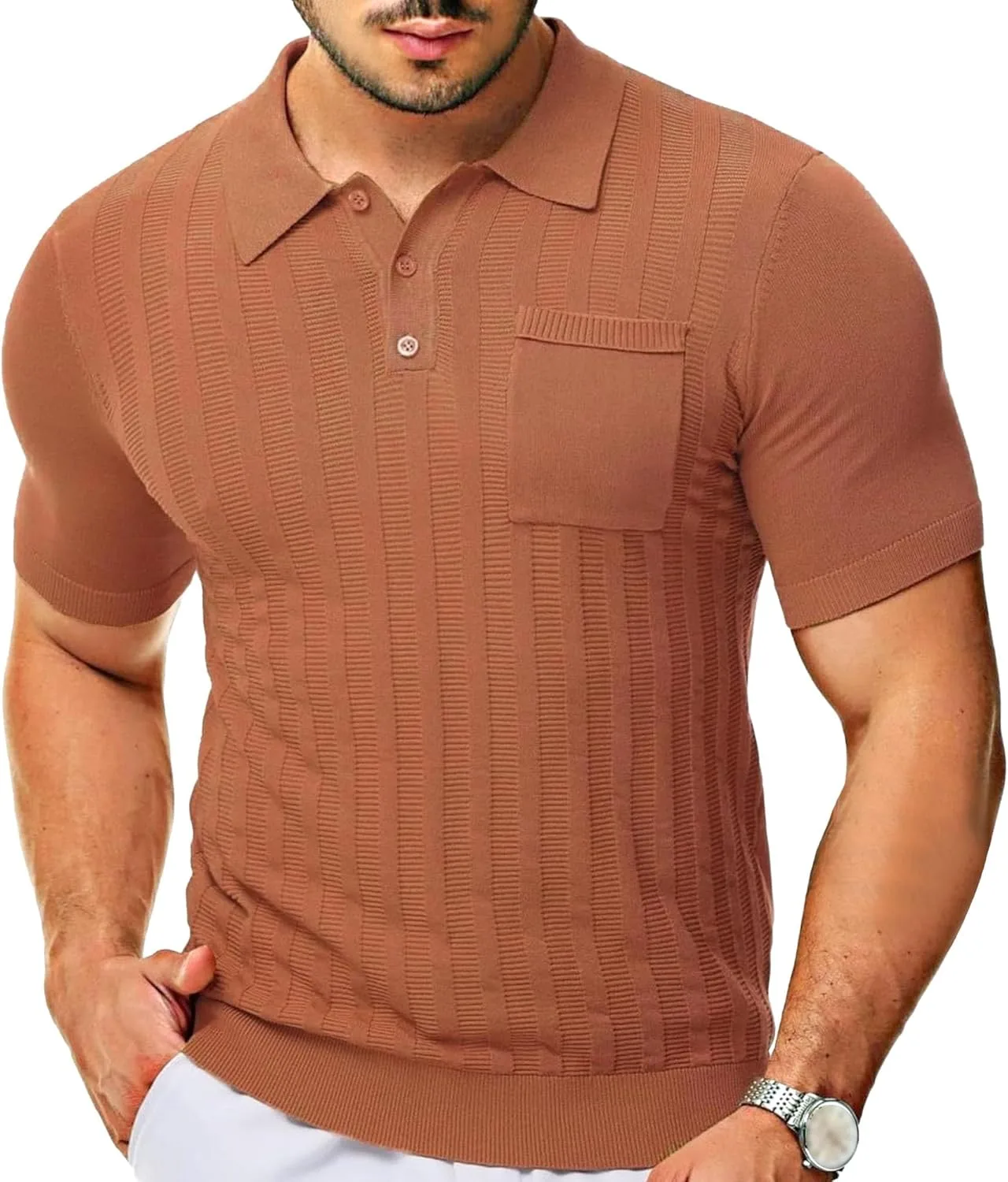 

Maiyifu-GJ Men's Slim Fit V-Neck Polo Shirts Short Sleeve Ribbed Knit Muscle Tees Casual Breathable Gym Workout T-Shirts