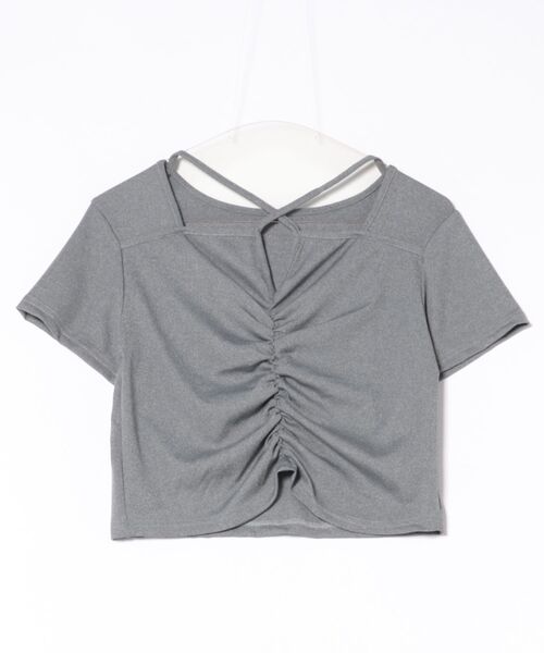 

Топ с короткими рукавами и присборенным передом на бретелях Lace Ladies, серый