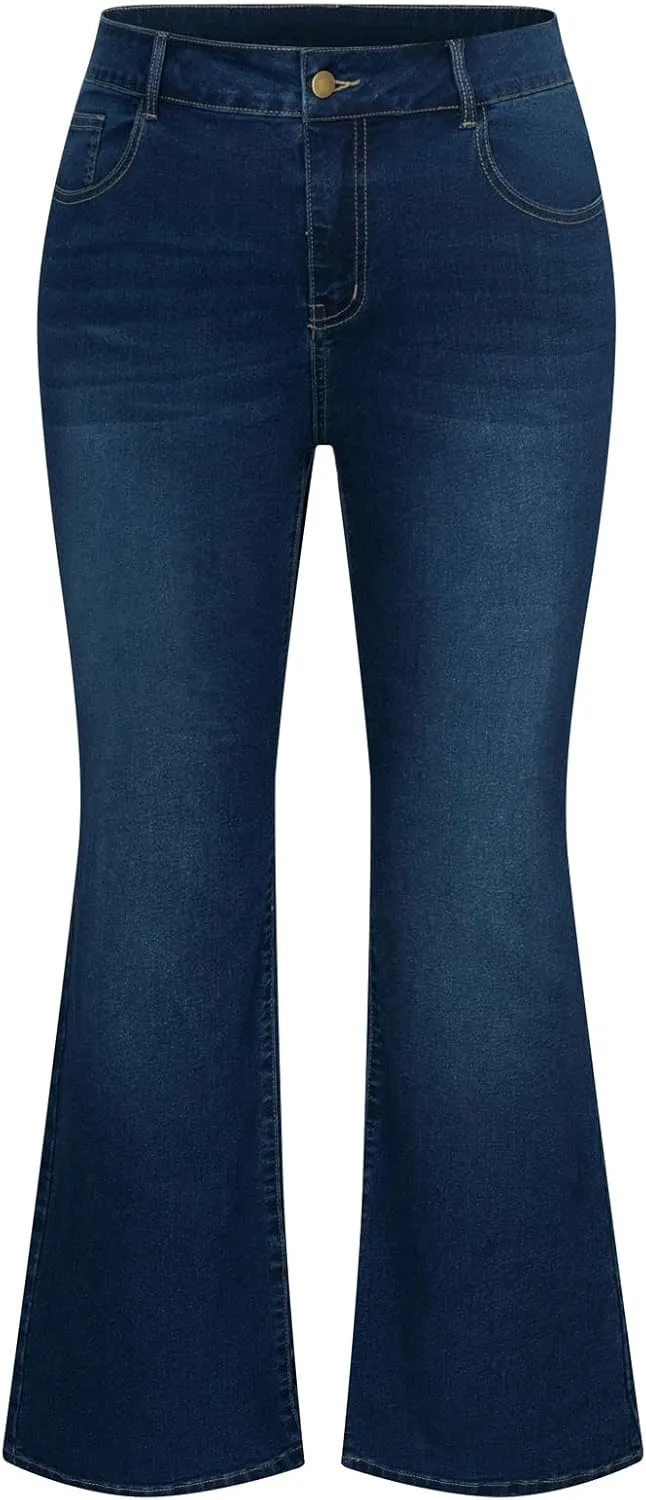 

Hanna Nikole Women's Plus Size Wide Flared Jeans High Waisted Stretchy Bell Bottom