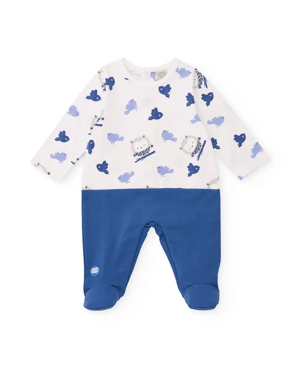 

Вязаный детский комбинезон белого и голубого цвета с принтом сов и птиц Tuc tuc