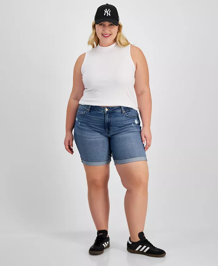 

Модные джинсовые шорты с потертостями и подвернутыми манжетами Plus Size Celebrity Pink, синий