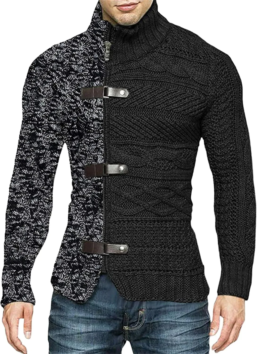 

Мужской кардиган-водолазка Slim Fit с кабельной вязкой и длинными рукавами QOAAIE