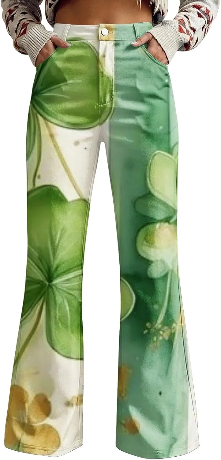 Джинсы клеш с принтом, St Patricks Day, бежевый