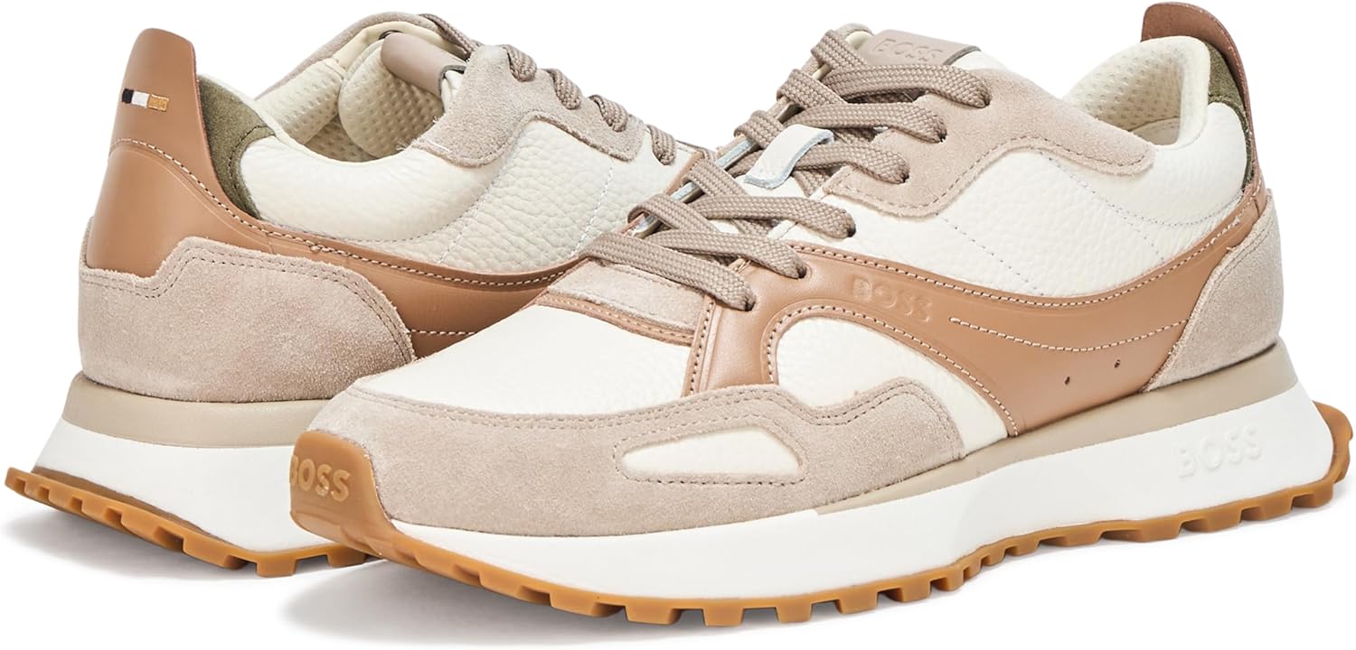 BOSS мужские кроссовки на шнуровке с деталями из замши, Tan/Cognac — фото 3