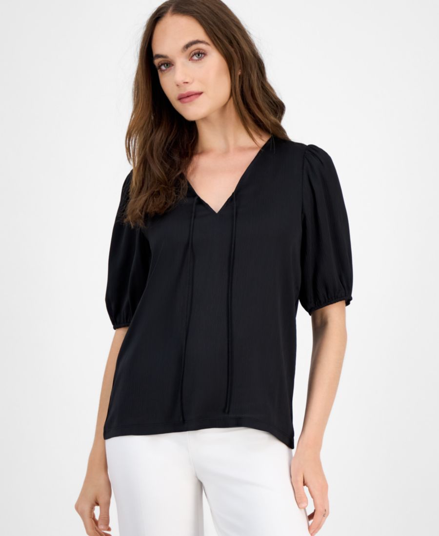 

Женская блузка с пышными рукавами, V-образным вырезом и завязками спереди Anne Klein, Anne Black