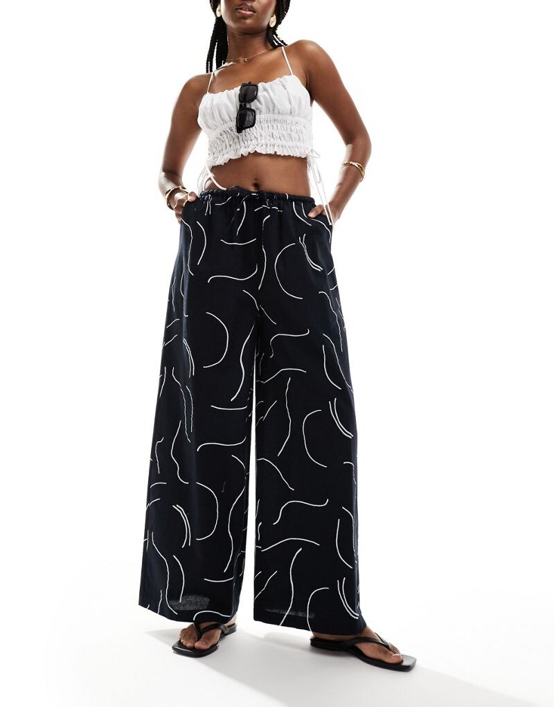 

Широкие льняные брюки с однотонным принтом ASOS DESIGN