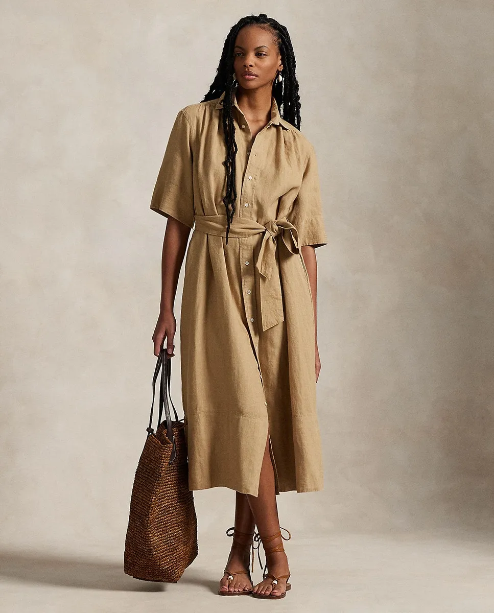 

Льняное платье-рубашка с поясом Polo Ralph Lauren, песочный