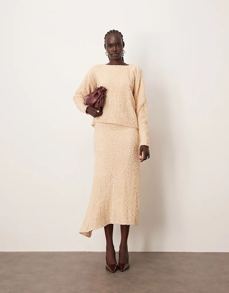 

Юбка ARRANGE из бархата с асимметричным подолом, расшитая пайетками по всей поверхности, кремового цвета