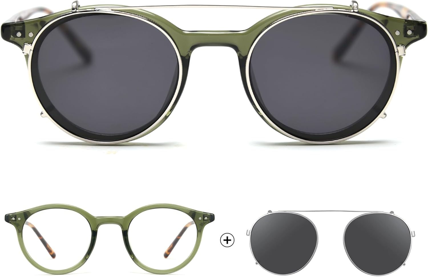 

Круглые поляризованные солнцезащитные очки Cyxus Clip On для женщин и мужчин, 2 в 1, двойная конструкция, ретро-винтаж, защита от УФ-излучения UV400, P1341, 02-oval Green-p1341