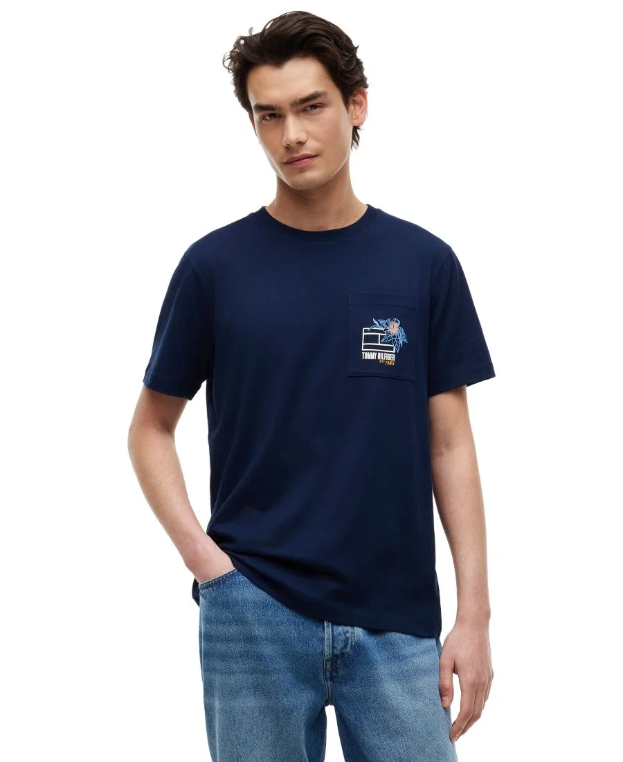 Мужская летняя футболка прямого кроя с цветочным принтом и карманом Tommy Hilfiger, Carbon Navy