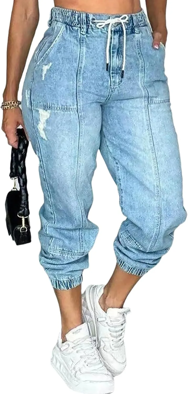 

Женские рваные джинсы Boyfriend с кулиской, высокая посадка, эластичный низ, укороченные QLAUYIOE