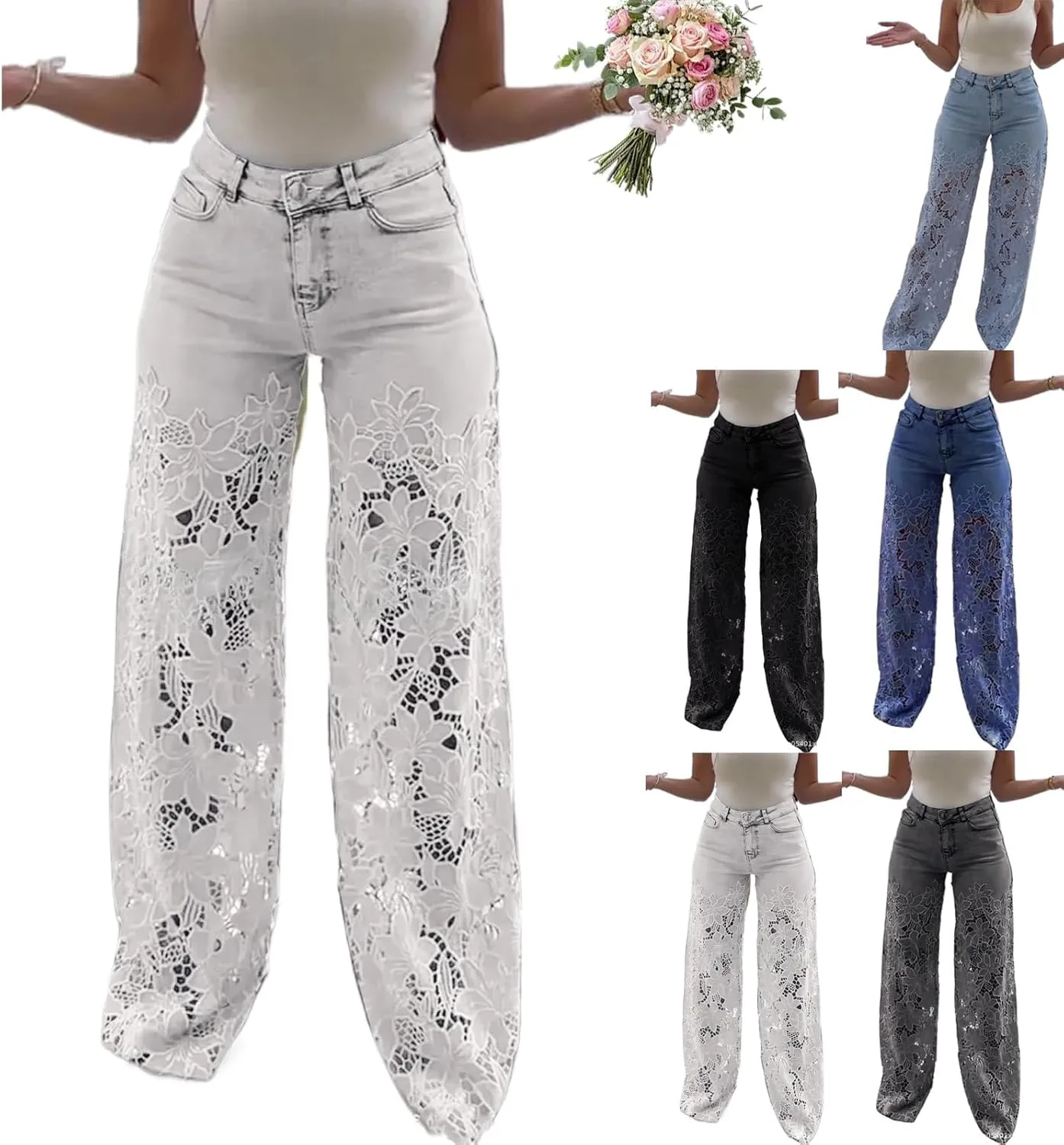 

Женские джинсы с кружевной аппликацией, высокие, прямые, с цветочным декором