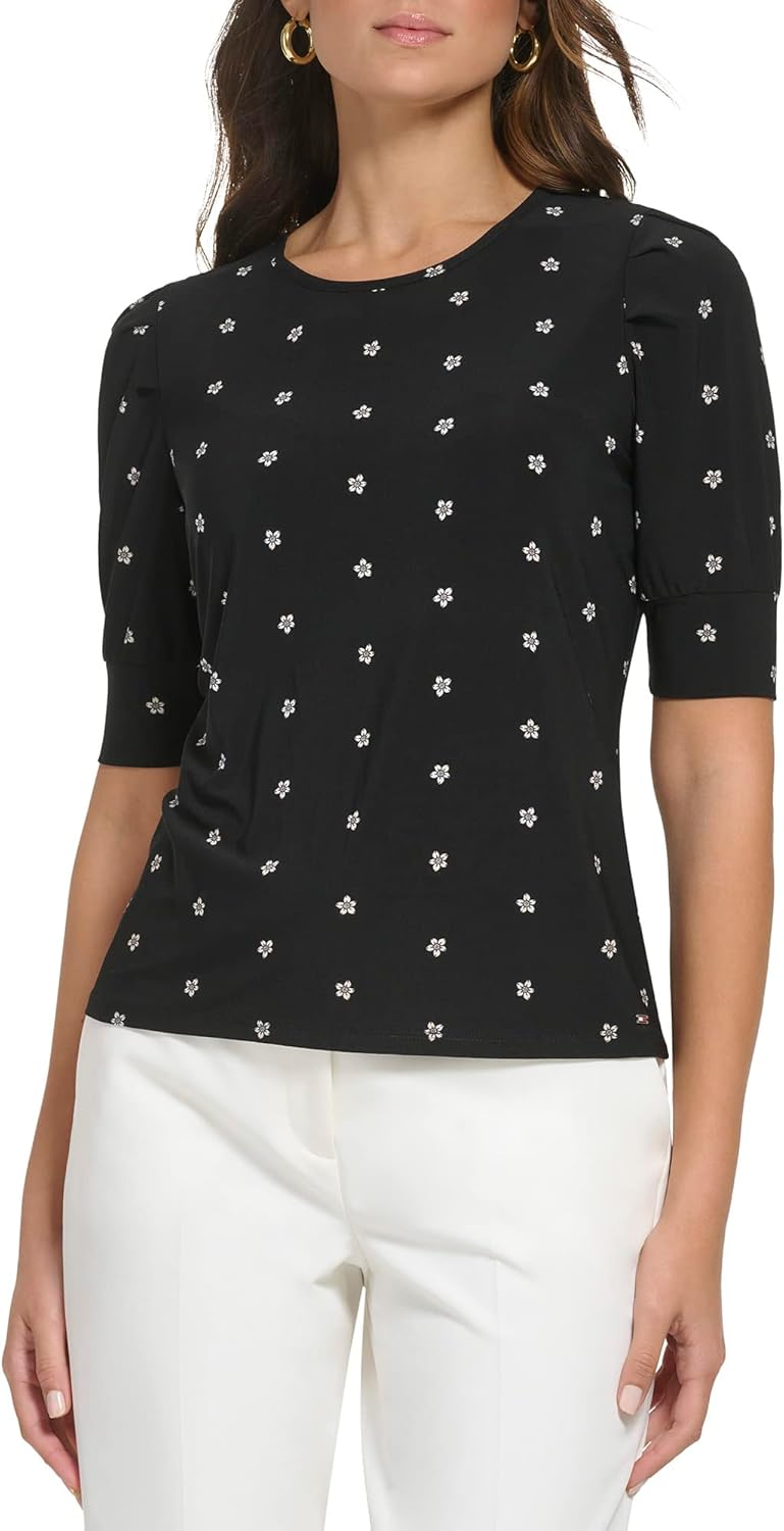 

Женский рабочий топ Tommy Hilfiger с цветочным принтом, короткими рукавами-фонариками, спортивный трикотаж, Black Multi