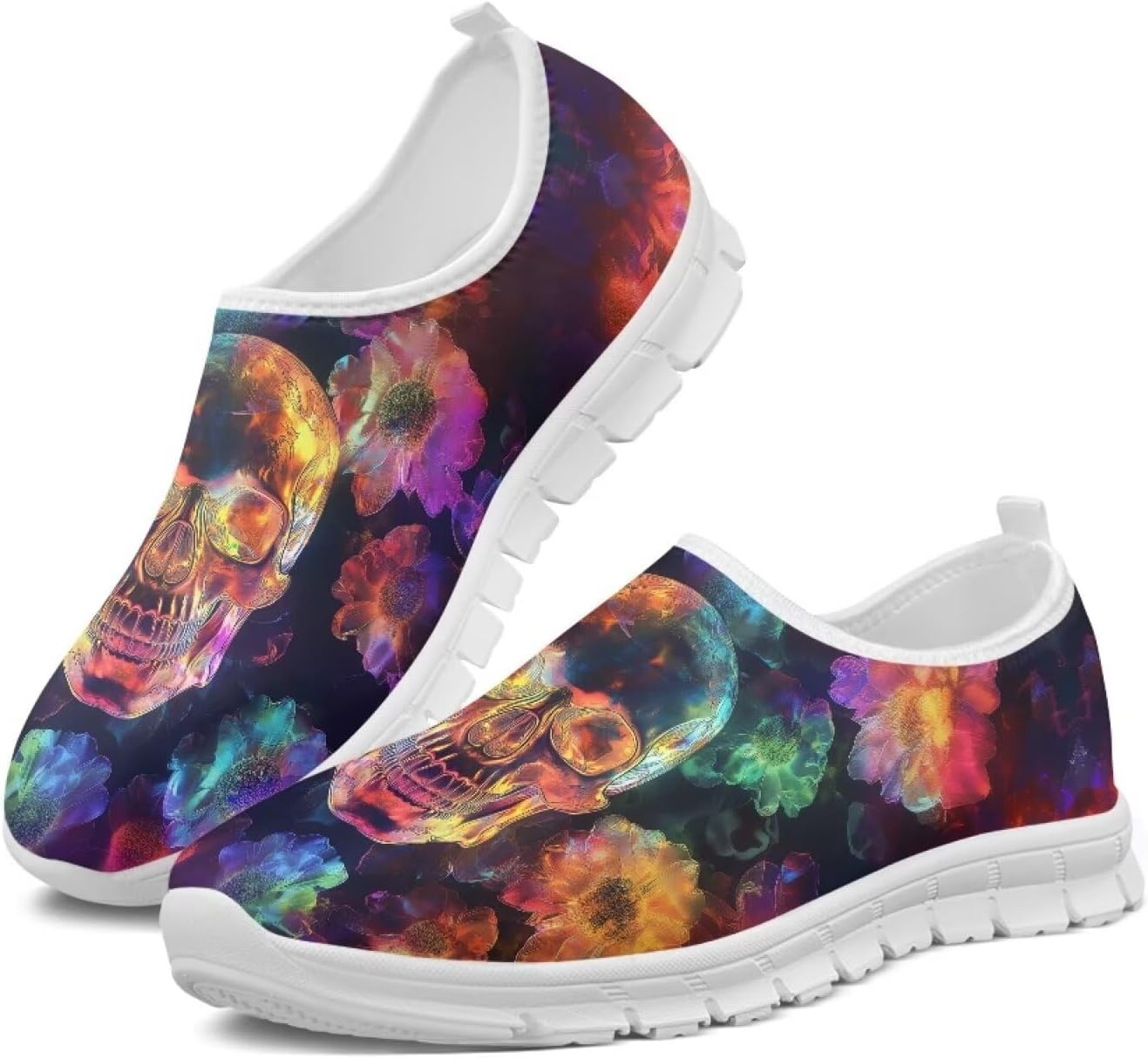 

Мужские слипоны низкие спортивные теннисные кроссовки скелетоны, лоферы, противоскользящие повседневные прогулочные туфли, размеры US5-14 Qoiuvncy, Colourful Skull