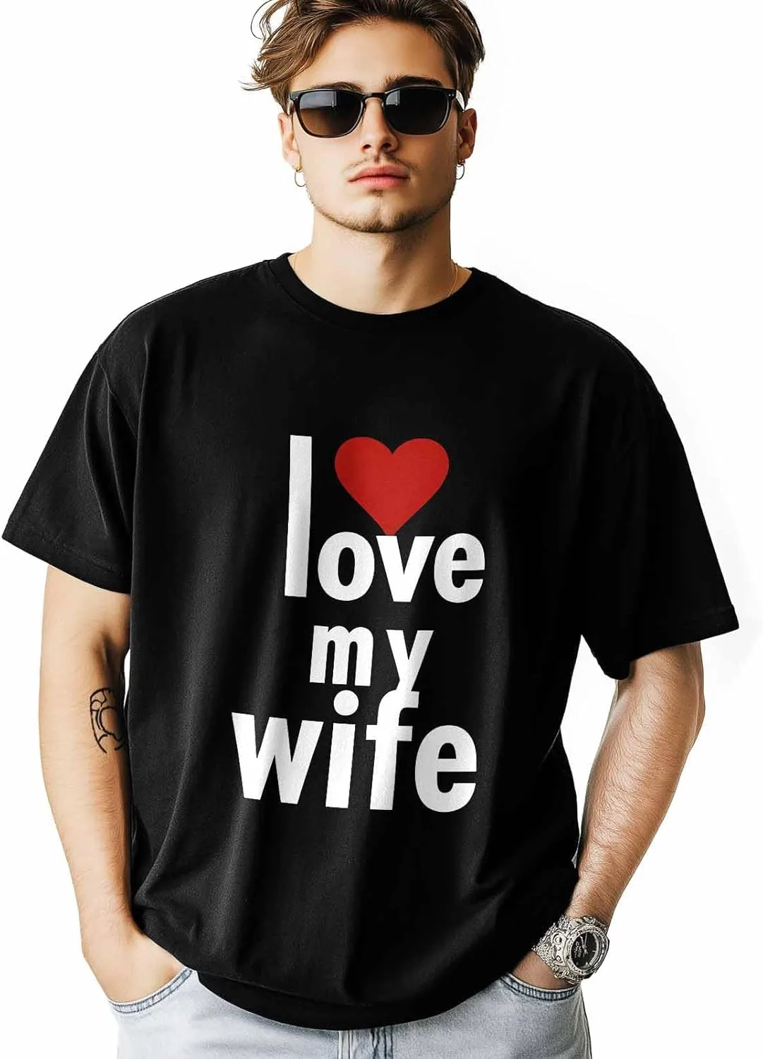 

Футболка для мужчин Love My Wife, с круглым вырезом и коротким рукавом, красное сердце NITBANLA